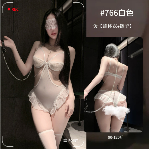 White Moonlight Pure & Tempting Lingerie Set - Sheer Mesh with Lace Trim, Open-Crotch Chain Detail, Factory Direct - White