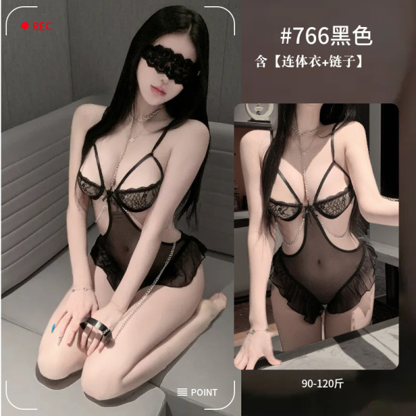 White Moonlight Pure & Tempting Lingerie Set - Sheer Mesh with Lace Trim, Open-Crotch Chain Detail, Factory Direct - Black + Black SW00
