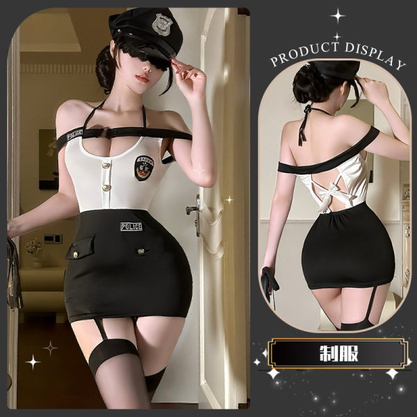 QingShe Seductive Cosplay Lingerie Set – Elegant Police Officer Costume with Pure-Yet-Tempting Aesthetic - Strict rules and regulations ~ [Bodysuit + T-shirt]