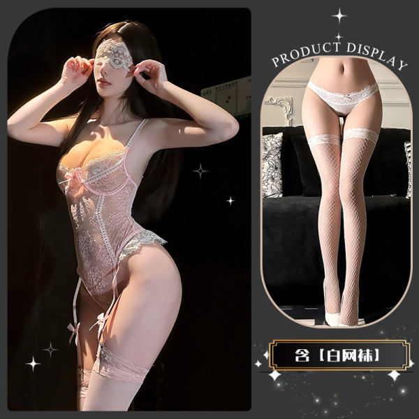 QingShe Lace Sensual Bodysuit - Elegant Sheer Bust High-End Lingerie for Date Night & Intimacy - Little Momiji Swaying~ + White Fishnet Stockings
