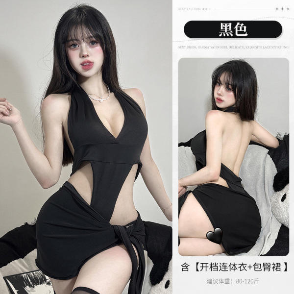 Luxury Pure-Sensual Women's Lingerie Set – Push-Up Open-Crotch Bodysuit, Bodycon Slip Dress for Small Bust Enhancement - Black + 3042 Black