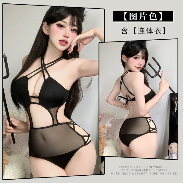 Seductive Devil-Themed Lingerie Set - Sheer Mesh Halter Bra & Panty Outfit, No-Remove Costume - Image color +3042 black