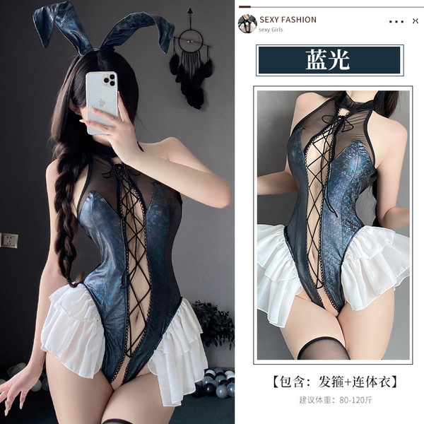 Lintlina Sexy Open-Crotch Bodysuit Rabbit Costume - Seductive Bunny Outfit for Women - Blue light + 3042 black
