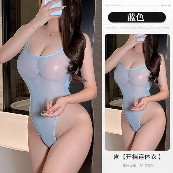 Lace Bodysuit Sexy Sheer Thong Set - Seductive Open-Crotch Erotic Lingerie for Women - Blue + 3042 White