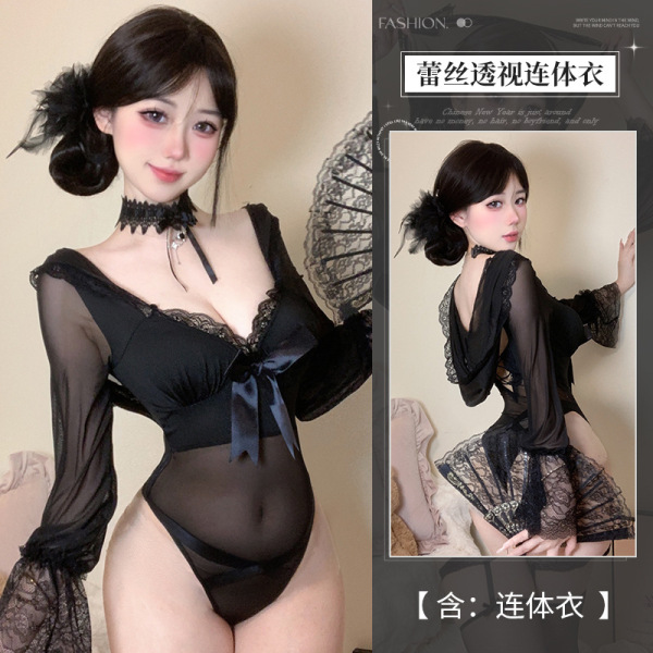 Pure & Seductive Lace-Trimmed Sheer Bodysuit Set – Breathable, No-Remove Sexy Lingerie 2874 - Image color + 3059 black