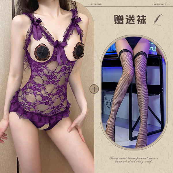 Qingran Sexy Lingerie Set - Elegant 858 Style Romantic Underwear for Women - Purple and black fishnet stockings