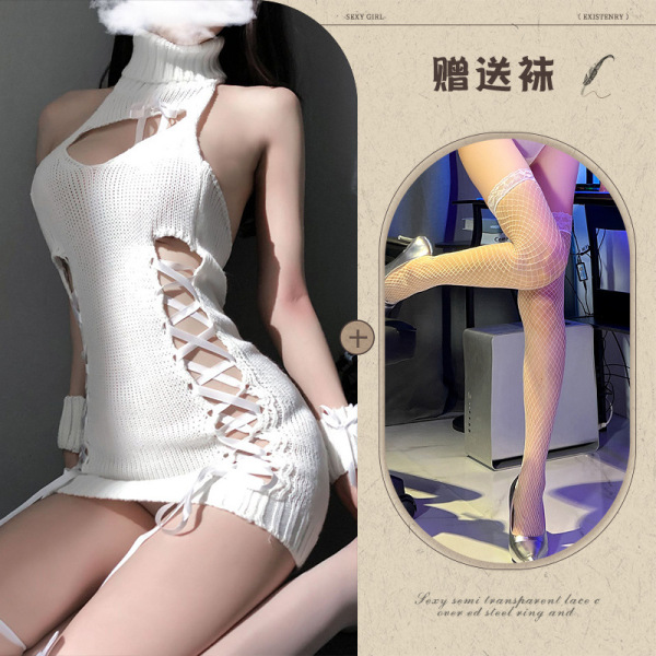 Qingran Sexy High-Neck Backless Lace Knit Lingerie Set – Seductive Hollow Mesh Outfit for Women - White + white fishnet stockings