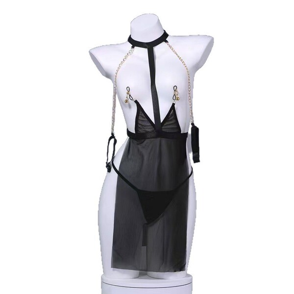 Sheer black lingerie set with peekaboo bust, choker, and chains on mannequin.