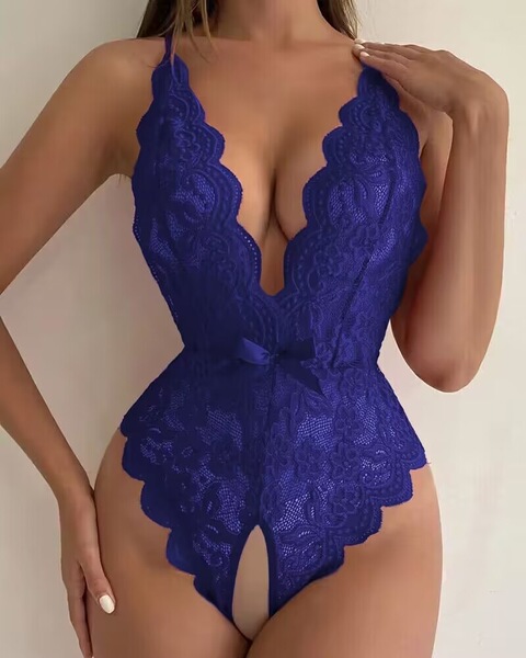 Sexy Backless Lace Bodysuit for Women -European and American Style Open-Crotch Halter Tie-Up Jumpsuit, Wholesale Erotic  - Navy blue