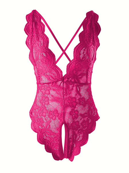 Sexy Backless Lace Bodysuit for Women -European and American Style Open-Crotch Halter Tie-Up Jumpsuit, Wholesale Erotic  - Rose red