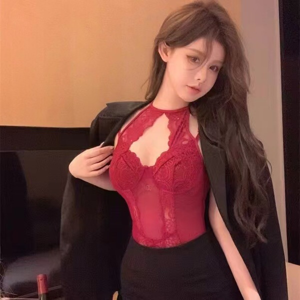Lace Mesh Sheer Bodysuit with Cut-Outs & Ties - Streetwear-Inspired Sexy Lingerie Set - red