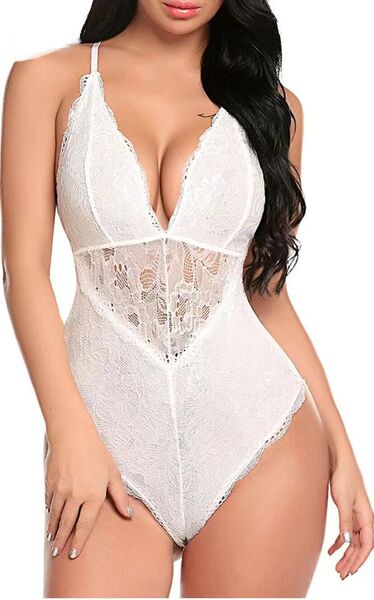 Qing Sheng Yi Ran Deep V-Neck Lace Lingerie Set - Sexy Sheer Bodysuit for Passion & Playful Allure - White