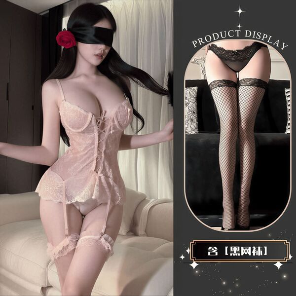 QQNY Pure Allure Sleepwear Set – Elegant Sensual Lingerie for Women, Luxury Bedroom Loungewear - White and black fishnet stockings