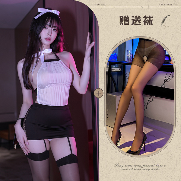 Night Charm Alluring Backless Cutout Bodycon Lingerie Set - Seductive Role Play Outfit for Women - Secretary outfit + black open-crotch stockings