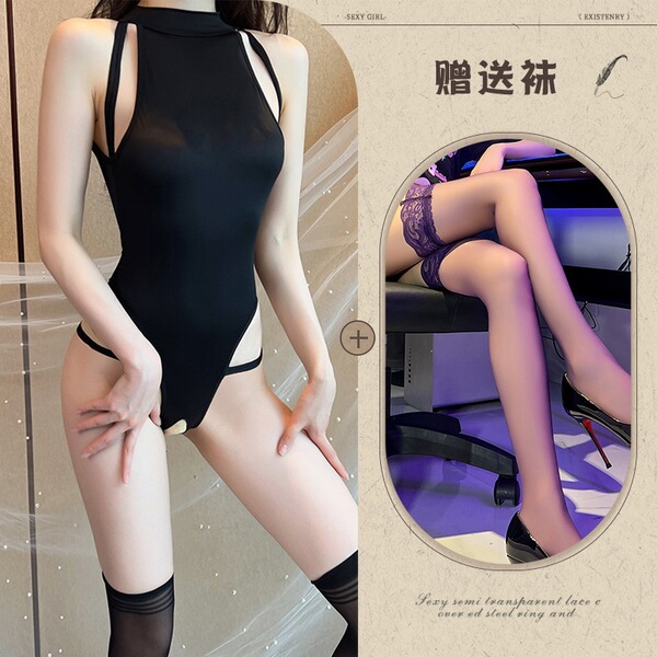Mannyqing Seductive Lace Bodysuit - No-Remove Uniform Style Ice Silk Open-Crotch Romper for Bedroom Passion - Black + black stockings