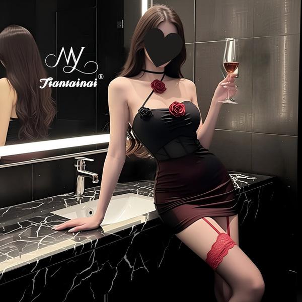 Woman in dark romance lace mesh cheongsam set with rose-embellished halter corset and high-waisted thong bodysuit, holding wi...