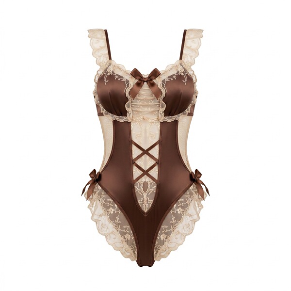 Brown lace bodysuit with bear-themed design, featuring open-crotch style and flirty details for intimate nights.