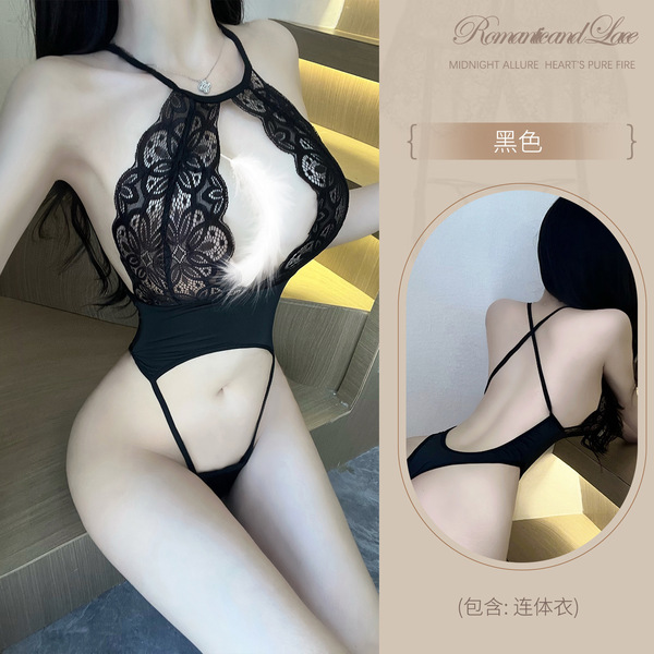 Lace Temptation Bodysuit for Women - Sexy Open-Crotch Sheer Outfit, No-Remove Lingerie Set - Y074