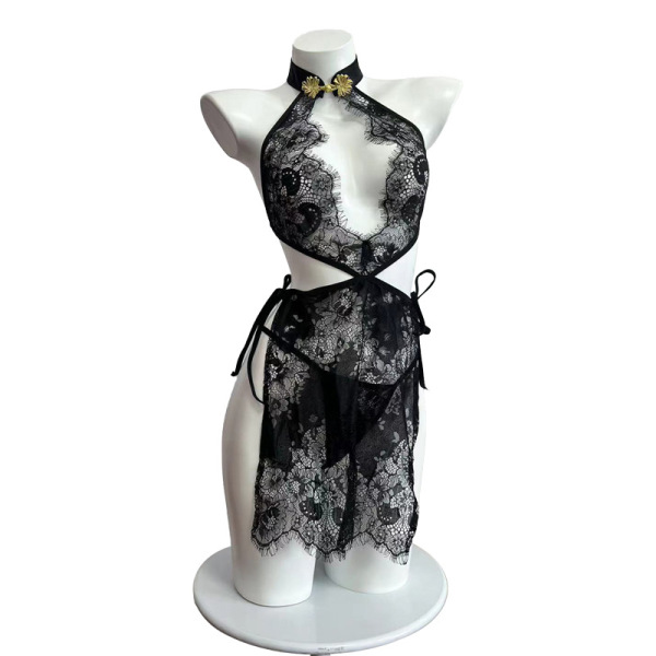 Black lace lingerie set with sheer robe, vintage-inspired design on mannequin.