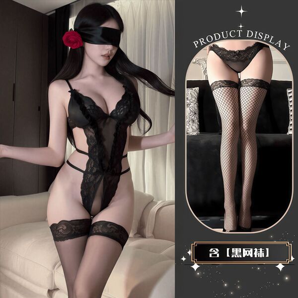 QQNY Pure Allure Sleepwear Set – Elegant Sensual Lingerie for Women, Luxury Bedroom Wear - Black + Black Fishnet Stockings