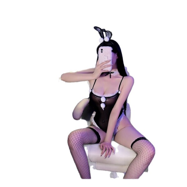 Sexy bunny costume sleepwear set - seductive open-crotch bodysuit for adults, naughty lingerie outfit featuring black lace an...