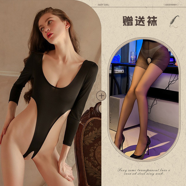 Mannye Qing Sensual Lingerie Set - Sheer Open-Crotch Sleepwear & Uniform-Inspired Bodysuit for Romantic Nights - Black + Black Open Crotch Socks