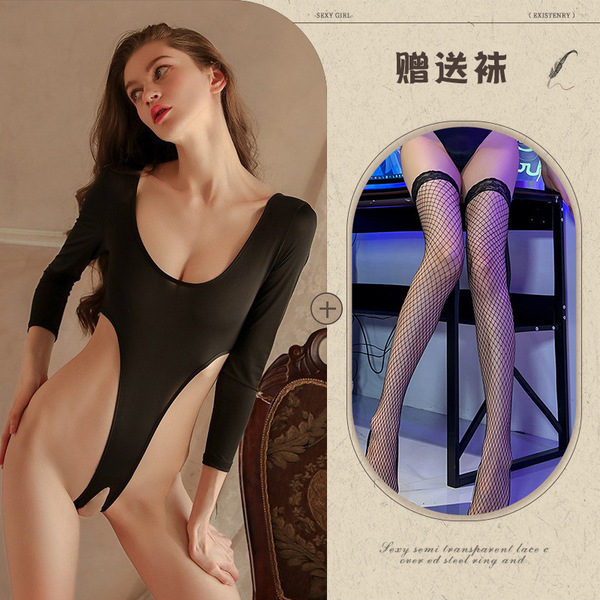 Mannye Qing Sensual Lingerie Set - Sheer Open-Crotch Sleepwear & Uniform-Inspired Bodysuit for Romantic Nights - Black + Black Fishnet Stockings