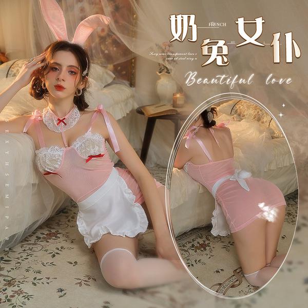 Mannyqing Pure & Tempting Bunny Girl Lingerie Set - Sexy Lace Sheer Costume Sleepwear Bodysuit for Women