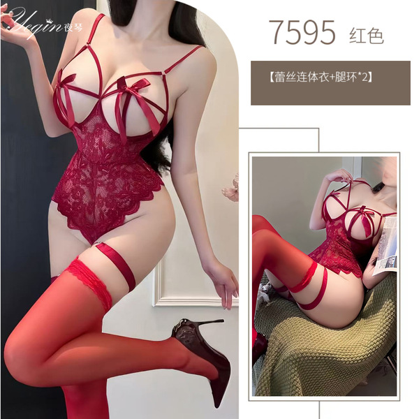 Women's Luxury Pure-Temptation Open-Crotch Bodysuit - Seductive QQ Uniform Sleepwear for Intimate Nights - red