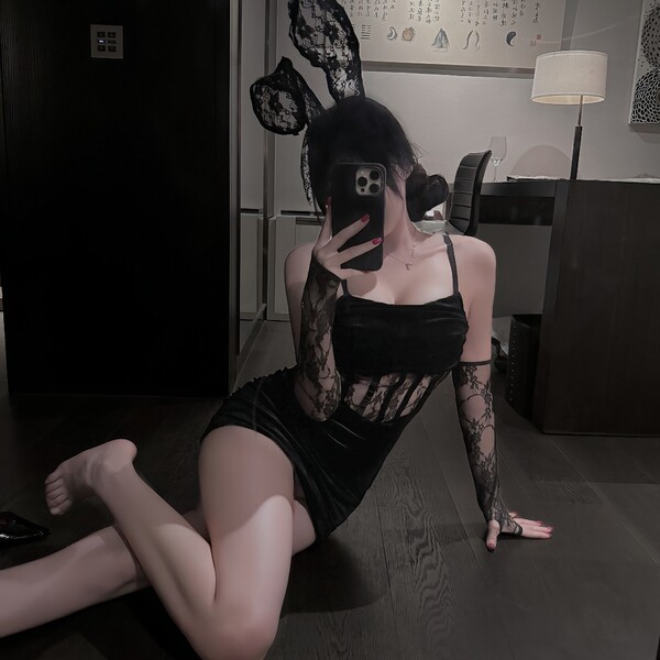 Manny Night Velvet Bunny Girl Bodycon Dress - Pure Temptation Lace-Up Sexy Lingerie Set - Black + Black Open Crotch Socks