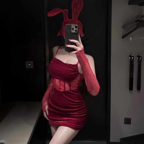 Manny Night Velvet Bunny Girl Bodycon Dress - Pure Temptation Lace-Up Sexy Lingerie Set - Red and black fishnet stockings
