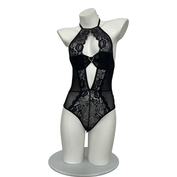 Plus Size Lace Bodysuit Sleepwear Set - Sexy and Shameless Uniform Pure Temptation Matching Lingerie Outfit for Women - black