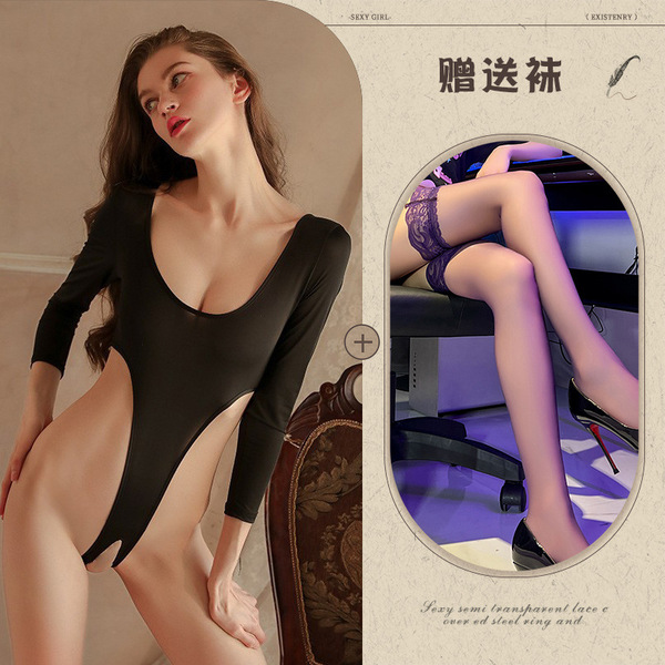 Qingran Sexy Lingerie Set - Sheer Passion Sleepwear Bodysuit with Open-Crotch Design, Pure Temptation Uniform Style - Black + black stockings
