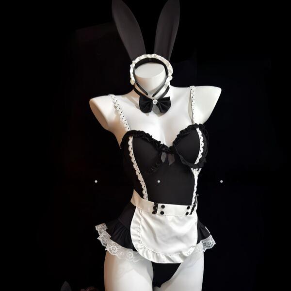Sexy maid costume lingerie set featuring underwire push-up bra, matching sleepwear, bunny ears, and bow tie.