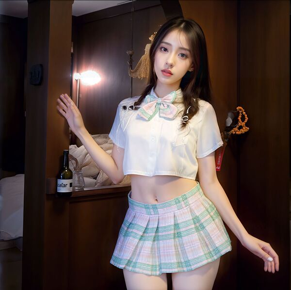 Japanese-Style Busty JK Uniform Set for Women – Waist-Revealing Pleated Skirt & Matching Top, No-Remove Lingerie Outfit - Lotus Leaf Green 36