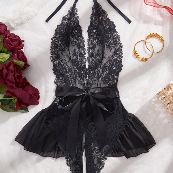 Women's Full Lace Sheer Bodysuit - Sexy European-American Erotic Lingerie for Women - black