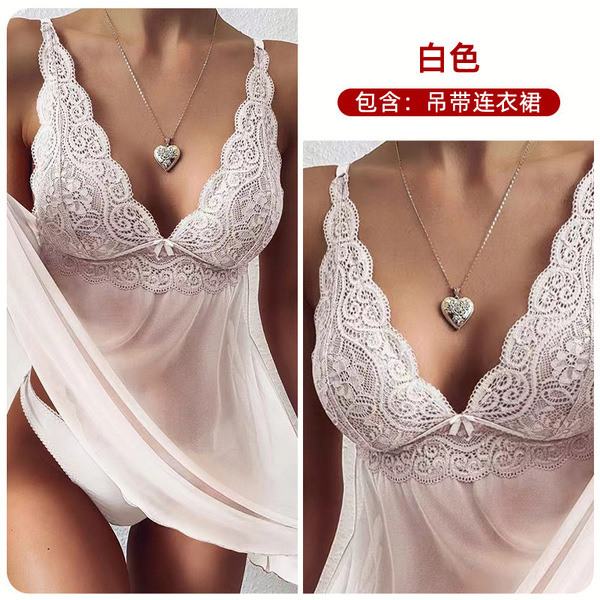 Sultry Lace Sheer Sleepwear Set - Elegant Women's Sexy Camisole & Matching Briefs,European and American Export Style - White