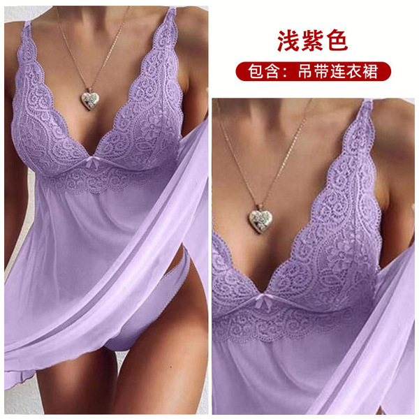 Sultry Lace Sheer Sleepwear Set - Elegant Women's Sexy Camisole & Matching Briefs,European and American Export Style - Light purple