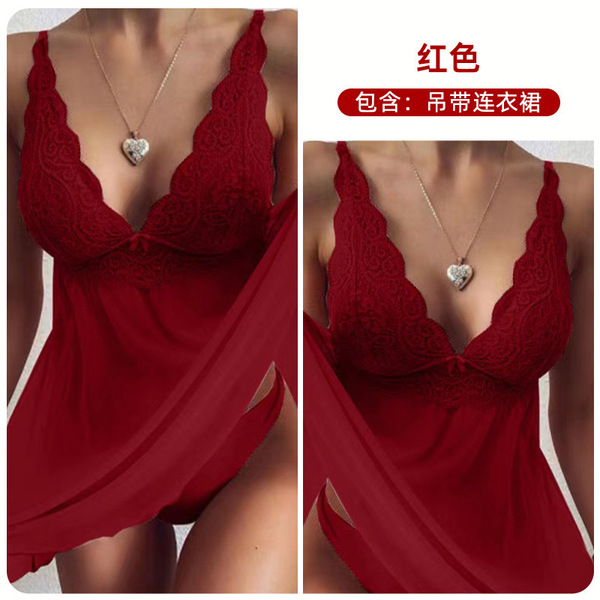 Sultry Lace Sheer Sleepwear Set - Elegant Women's Sexy Camisole & Matching Briefs,European and American Export Style - red
