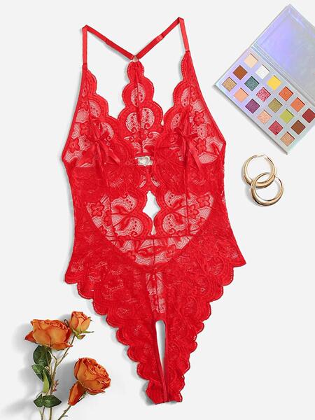 Lace Halter Neck Sheer Open-Crotch Bodysuit - Sexy Sleepwear for Women, Wholesale OEM/ODM - red