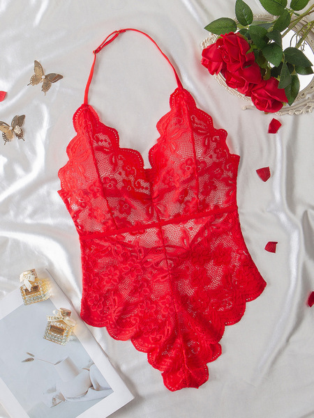 Lace Sheer Bodysuit for Women - Sexy Full-Lace Erotic Lingerie, European & US Style Intimate Wear - red