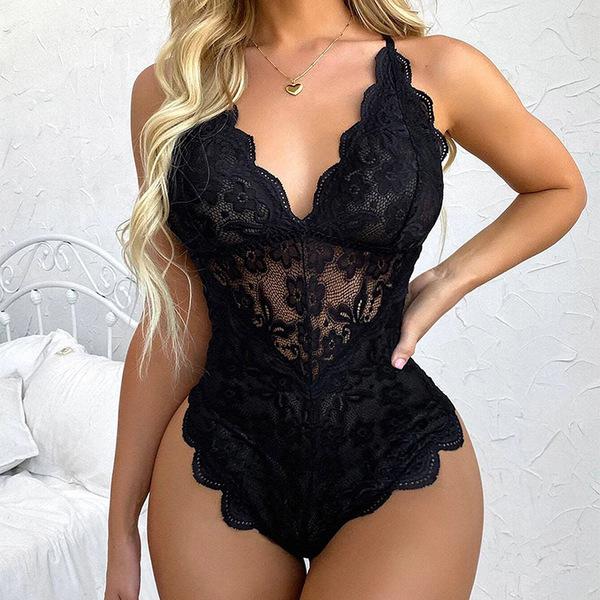 Qing sheng yi ran deep v-neck lace lingerie set - seductive sheer bodysuit for bedroom romance, featuring intricate lace deta...