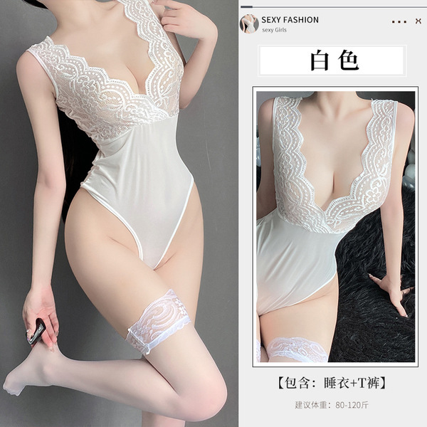Sexy Lace Bodysuit for Women – Seductive Tight-Fit Mesh & Lace One-Piece Outfit Set - White