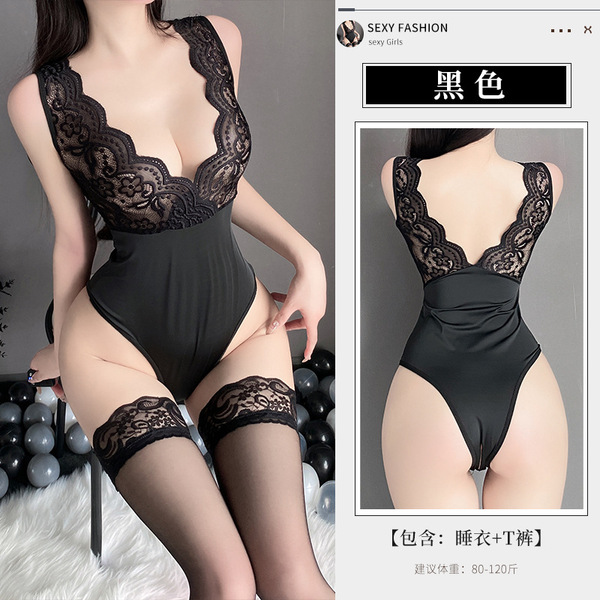 Sexy Lace Bodysuit for Women – Seductive Tight-Fit Mesh & Lace One-Piece Outfit Set - black