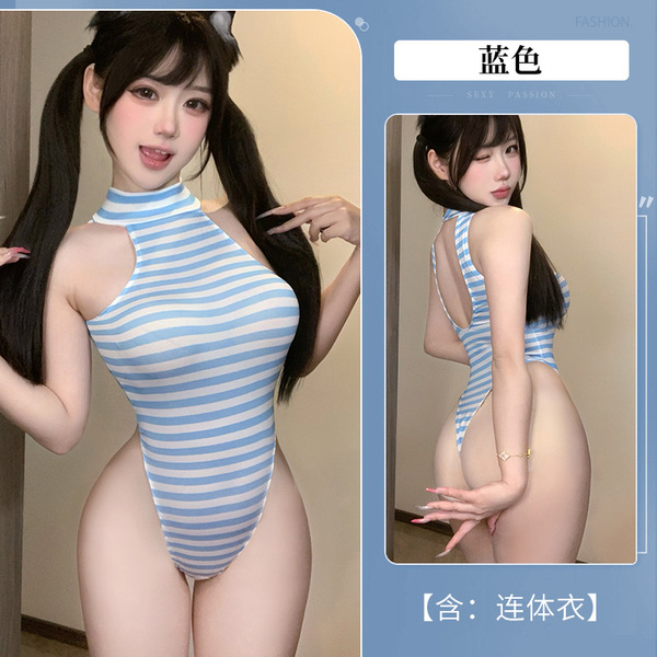 Pure & Tempting Japanese-Style Lingerie Bodysuit - Open-Crotch Sleepwear Set for Sensual Comfort - blue