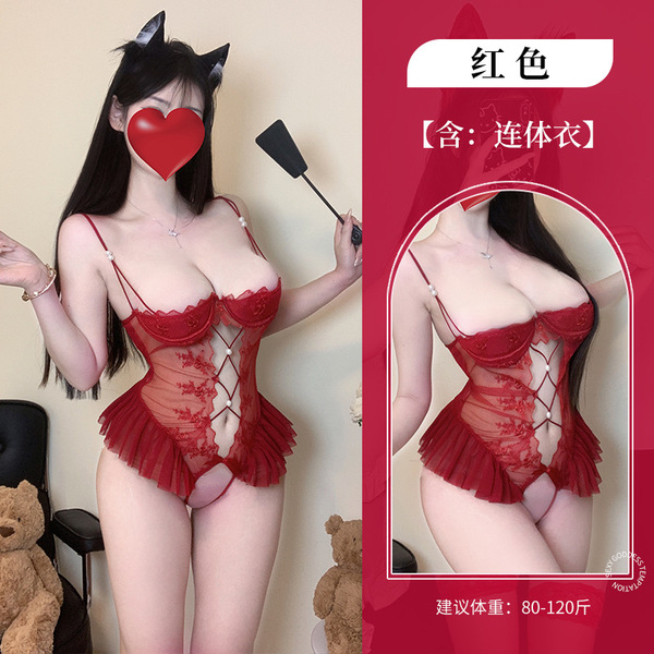 Flirty Lace Bodysuit for Small Bust - Sheer Mesh Thong Bodysuit with Push-Up Cleavage, No-Remove Lingerie Set - red