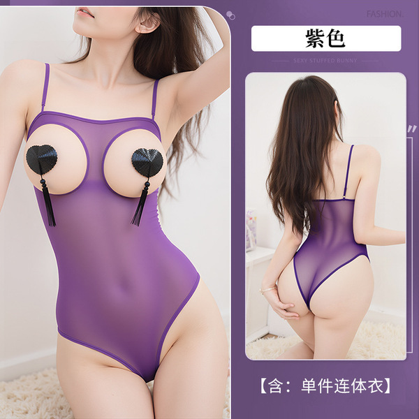 Sexy Lace Mesh Bodysuit with Open-Crotch Design - Sheer Tight-Fit Erotic Lingerie for Women - Purple
