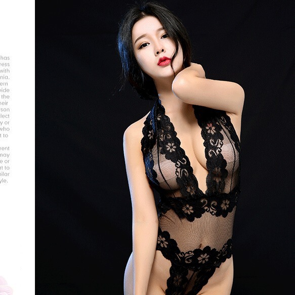 Transparent Bodysuit - Black Lace Mesh Sensual Sheer Bodycon Erotic Lingerie for Women - black