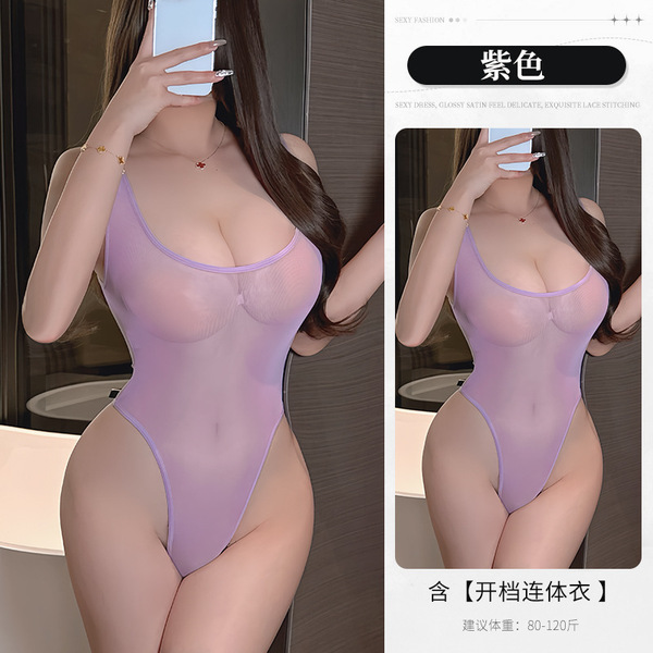 Lace Bodysuit Sexy Sheer Thong Set - Seductive Open-Crotch Erotic Lingerie for Women - Purple
