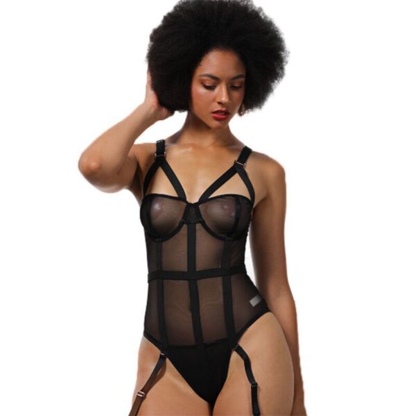 Black Bodysuit for Women – Ultra-Thin Sexy Mesh Sheer Bodycon Lace-Up Bodysuit with Push-Up Effect - black